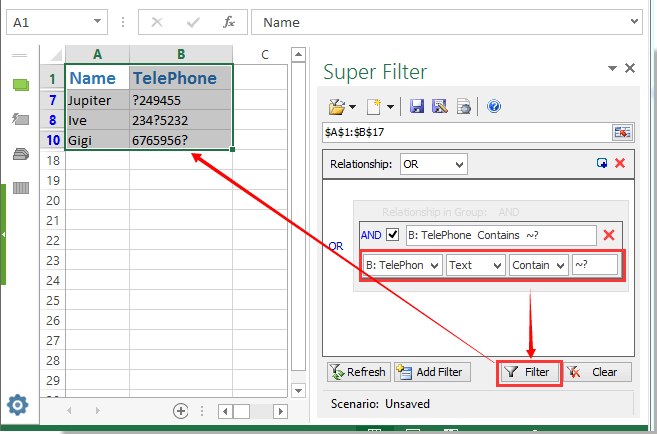 Filter excel contains text
