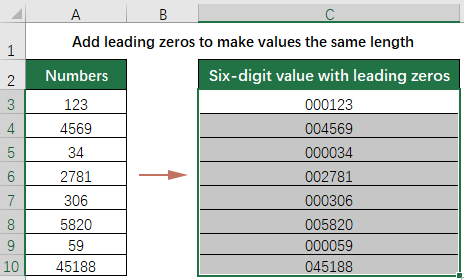 A screenshot showing an Excel worksheet with leading zeros