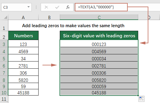 A screenshot showing how to make numbers the same length with the TEXT function