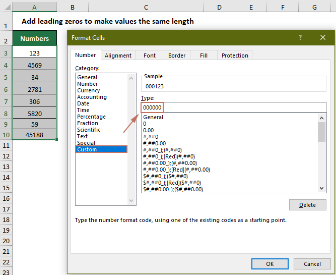 A screenshot showing how to make numbers the same length with format cells