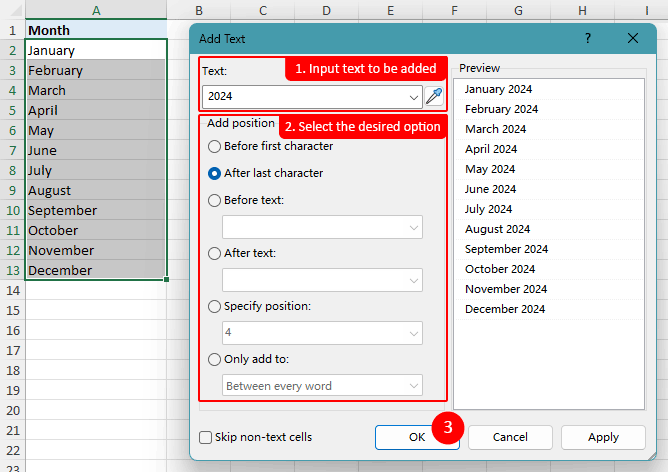 How to add text to the beginning or end of all cells in Excel?