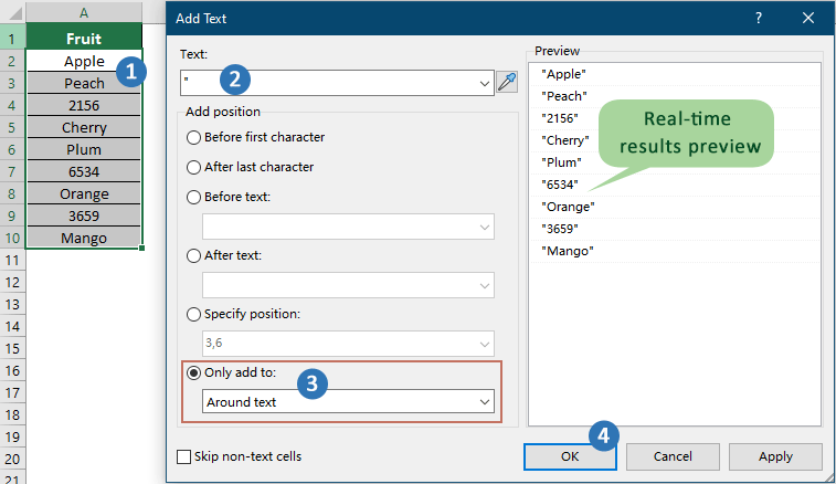 How to add quotes around numbers or text in Excel?