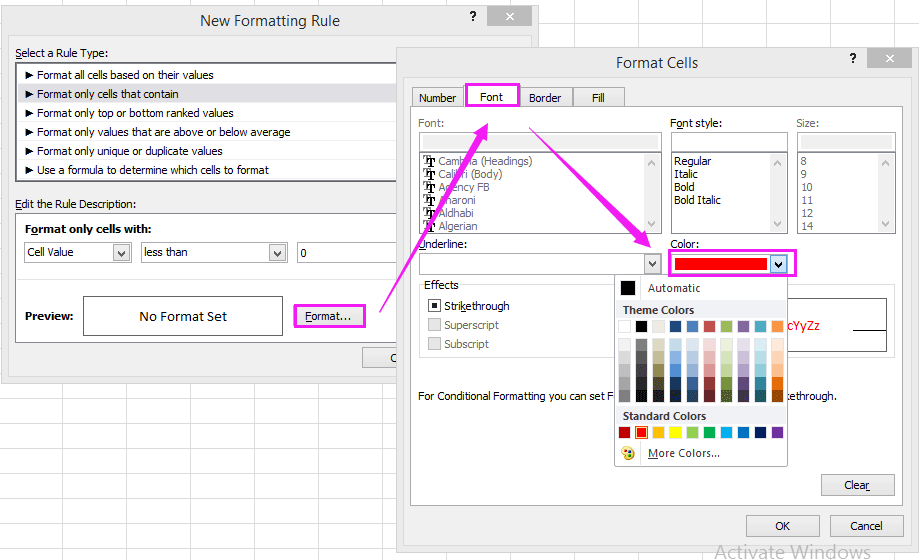 doc yazı tipi rengini hücre değeri 3'e göre değiştir