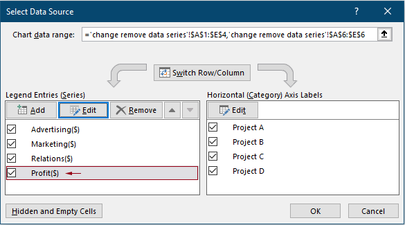 the old series is replaced by the new one in the dialog box