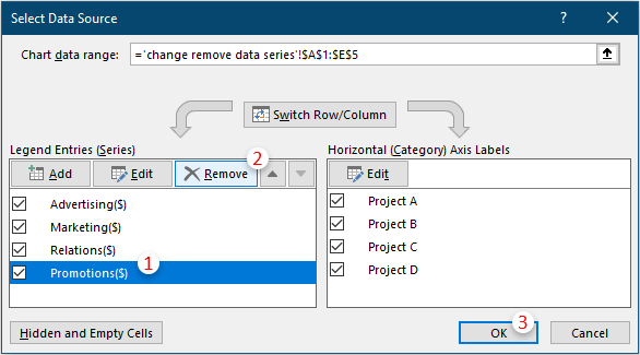 select the series you want to remove and then click the Remove button in the dialog box
