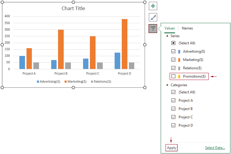 steps to hide a data series in chart