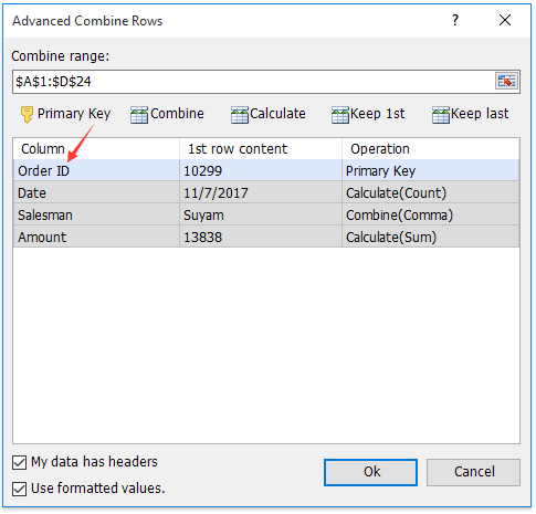 How to combine rows with same ID/name in Excel?