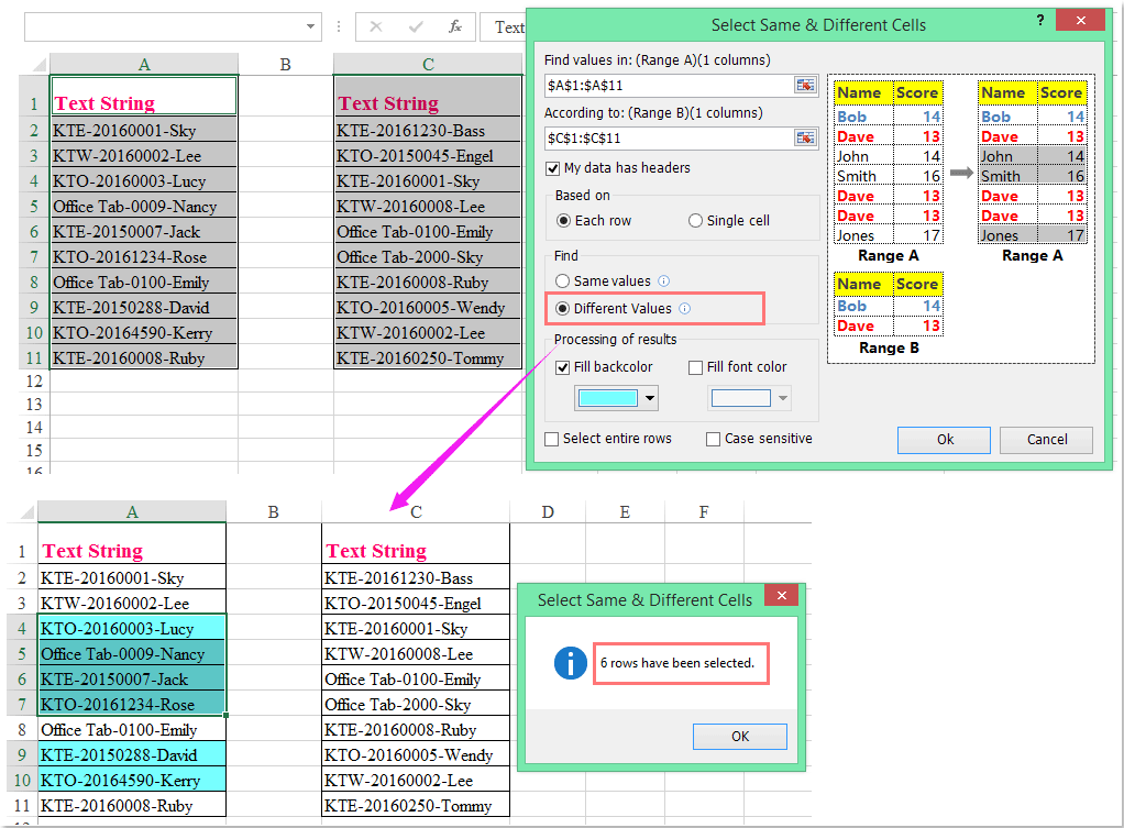 How to compare alphanumeric values in two columns in Excel?