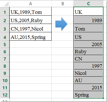 How to convert comma separated text string to list or rows in Excel?