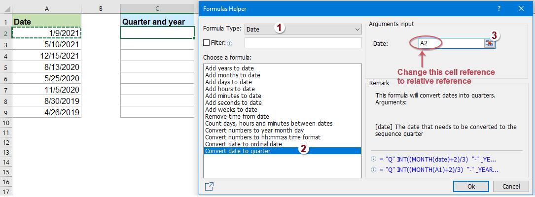 How to calculate quarter and year from date in Excel?