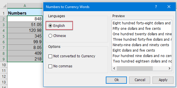 How to quickly convert numbers to English words in Excel?