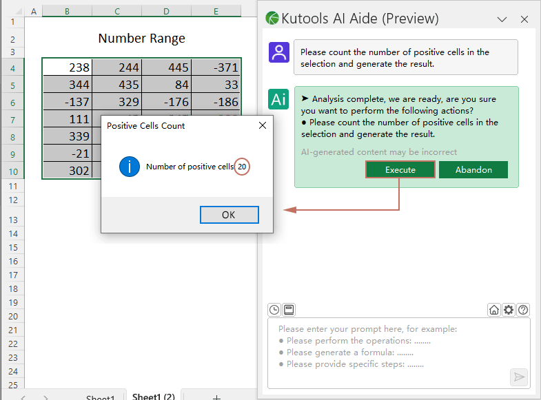 A screenshot showing the Kutools AI Aide result for counting positive numbers in Excel