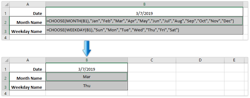 Convert a date to weekday month name with CHOOSE function