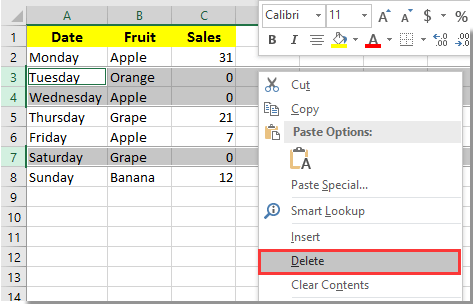 How to delete entire row if cell contains zero in Excel?