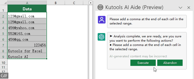 A gif showing Kutools AI executing the command to add commas to the end of cells