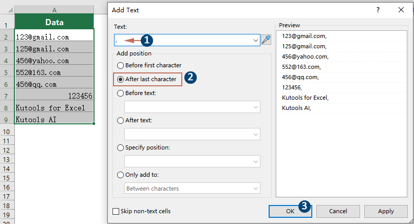 A screenshot of the Add Text dialog box in Kutools, configured to add a comma after the last character