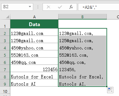 A screenshot showing the result of adding commas to cell contents using a formula in Excel