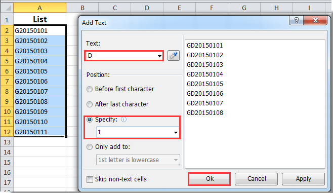 How to add text in middle of selected cells in Excel?