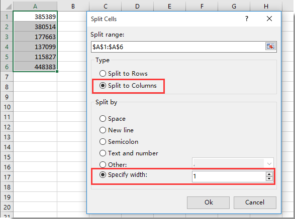 set options in the Split Cells dialog box
