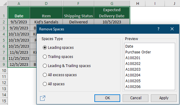 A screenshot of the Kutools for Excel Remove Spaces feature to remove leading and trailing spaces from cells