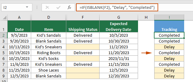 A screenshot of Excel showing the result of an IF formula checking for blank cells and returning 'Delay' or 'Completed'