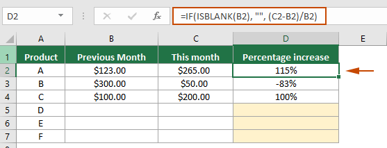 A screenshot of Excel with a formula to prevent errors when blank cells are encountered, showing correct percentage change calculation
