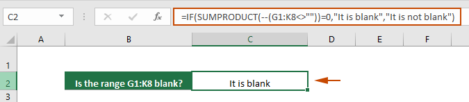 A screenshot of Excel showing a formula to check if a specific range (G1:K8) is blank or not