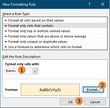 A screenshot of the New Formatting Rule dialog box in Excel to highlight blank cells