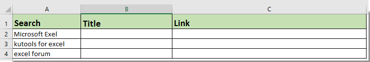 A screenshot showing keywords in Excel cells prepared for Google search results population