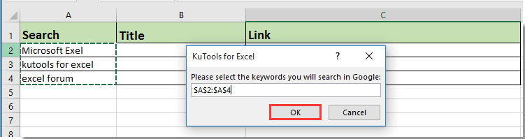 A screenshot of Kutools for Excel dialog box for selecting cells with keywords for Google search