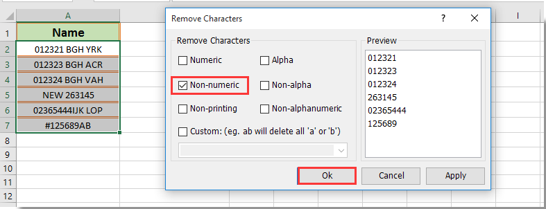 A screenshot of Kutools Remove Characters dialog