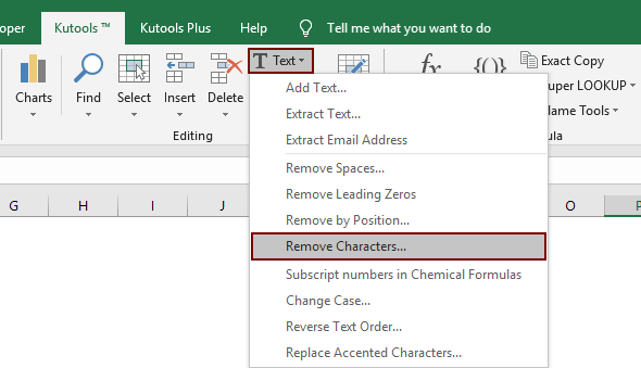 A screenshot of Kutools Remove Characters feature in Excel