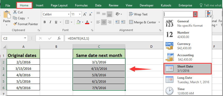 How to get same or first day of next month based on given date in Excel?