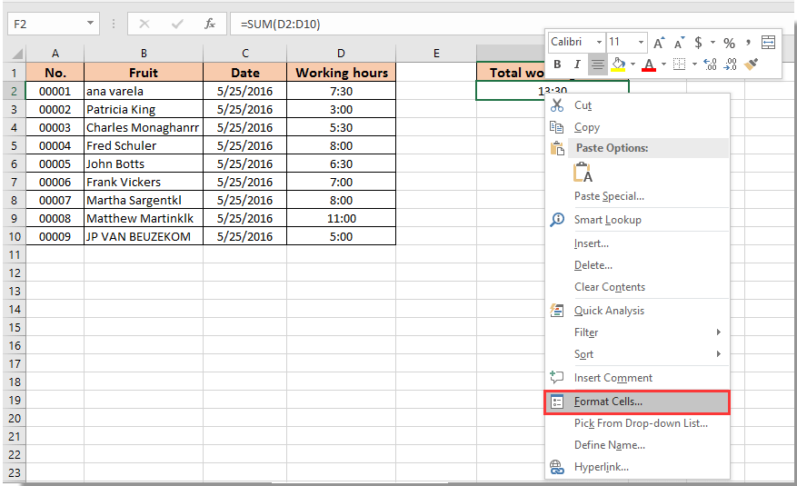 How to add or sum times over 24 hours in excel 