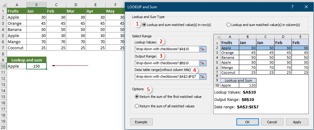 How to vlookup and sum matches in rows or columns in Excel?