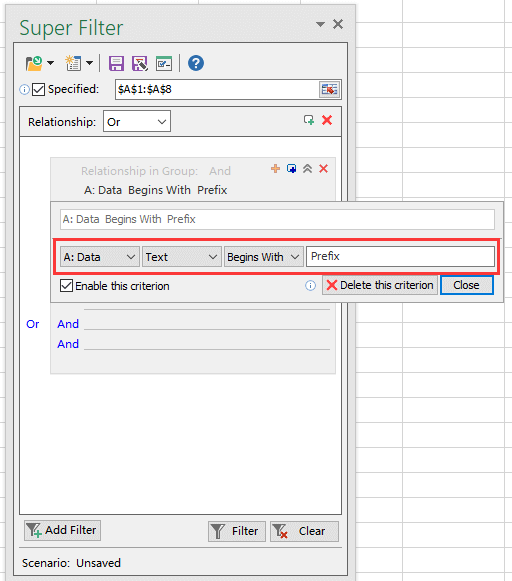 How to filter column data by a certain prefix in Excel?