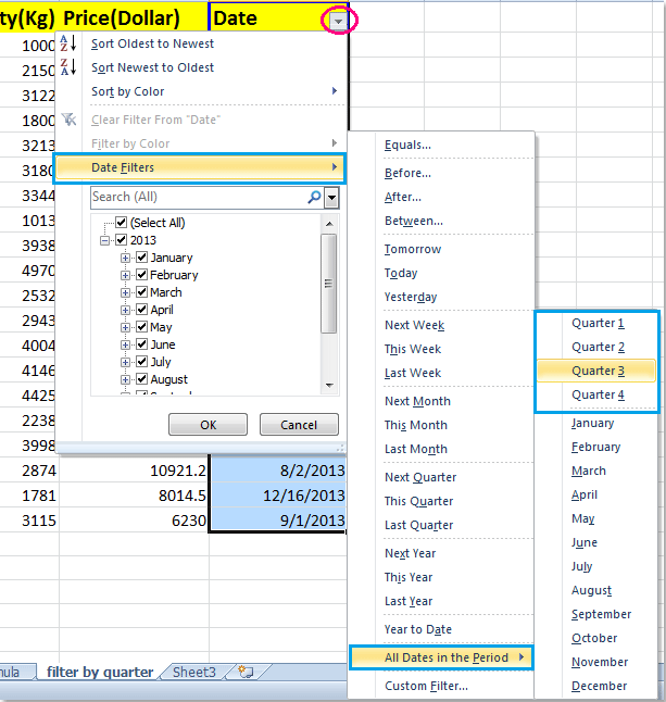 How to filter data by quarter in Excel?