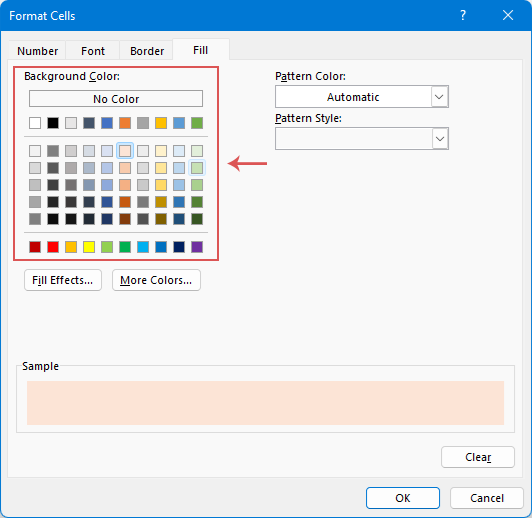 A screenshot of the Format Cells dialog for value-based shading