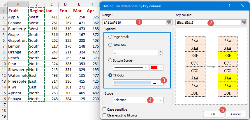 A screenshot of the Distinguish Differences dialog in Kutools for Excel