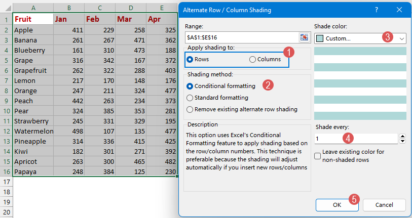 A screenshot of the Alternate Row / Column Shading dialog box