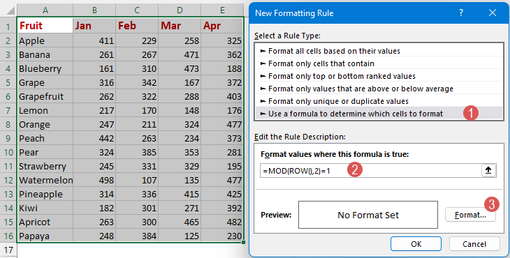 A screenshot of the New Formatting Rule dialog with a formula for alternate shading