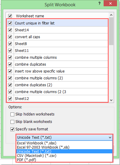 مربع حوار تقسيم المصنف للوظائف الإضافية في Excel