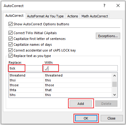 A screenshot of the AutoCorrect dialog box where a user can input a word (like 'tick') to replace with a check mark symbol