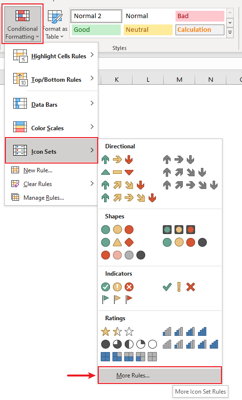 A screenshot of the Conditional Formatting menu in Excel, showing the Icon Sets option
