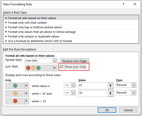 A screenshot of the New Formatting Rule dialog box in Excel with 'Show Icon Only' option selected