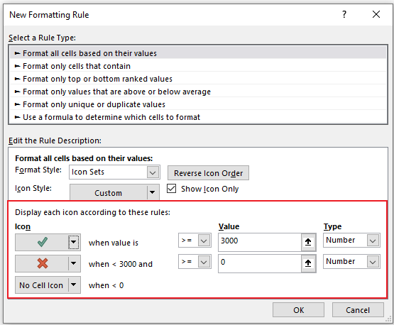 A screenshot of the New Formatting Rule dialog box in Excel with icon settings for check mark and cross mark