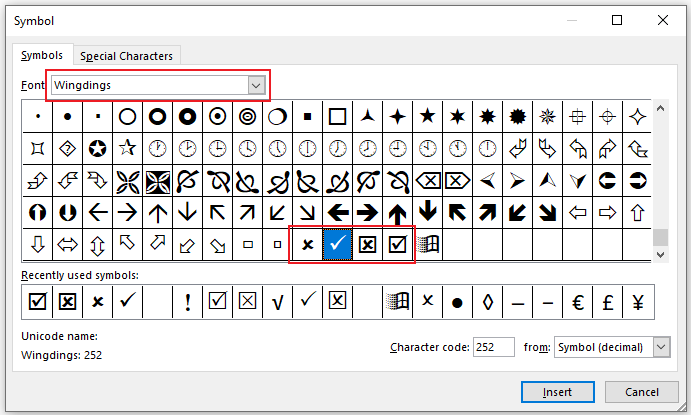 A screenshot of the Symbol dialog box showing Wingdings font and check mark symbol