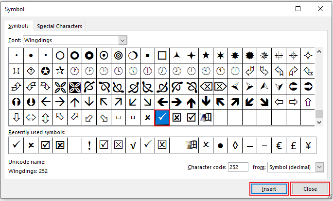 A screenshot of the Insert button in the Symbol dialog box with a check mark symbol selected