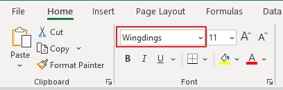 A screenshot of the Home tab in Excel with the font set to Wingdings