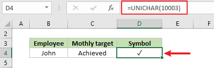 A screenshot of the check mark symbol inserted in the selected cell using the UNICHAR function